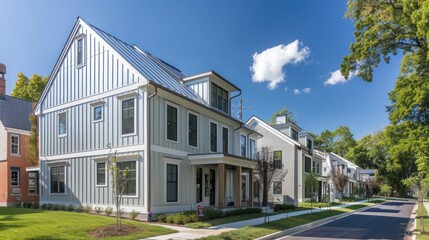 panoramic shot of a historic district updated with modern aluminum siding, carefully chosen to complement the original architecture