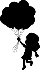Little kid girl with balloons, little girl holding a bunch of balloons silhouette