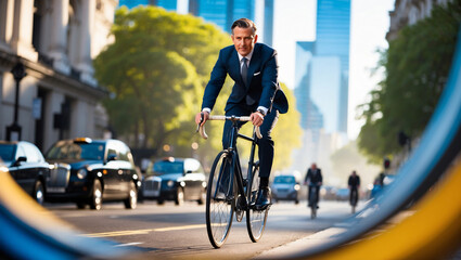 Fototapeta premium A businessman rides a bicycle to work on a busy city street.