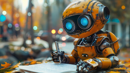 Orange toy robot Chat GPT Artificial Intelligence copy writing bot by Open AI. Robot for student homework, 