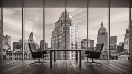 Fototapeta premium Modern office interior with black and white chairs in a city building