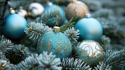 Christmas ornaments and pine branches