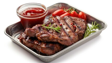 Close up of ketchup in metal container with barbecue steak on white background