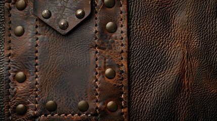 Cowhide textured leather background with bronze rivets and vintage tag in brown and black hues Template with space for text