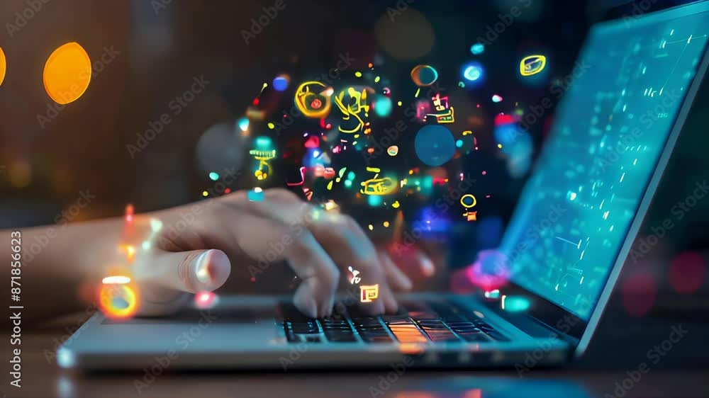 Poster tech savvy touch a hand with a laptop surrounded by abstract tech savvy icons. in business innovatio