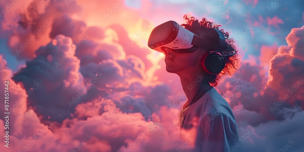 Poster person wearing vr headset interacting with virtual clouds immersive 3d of cloud computing concept