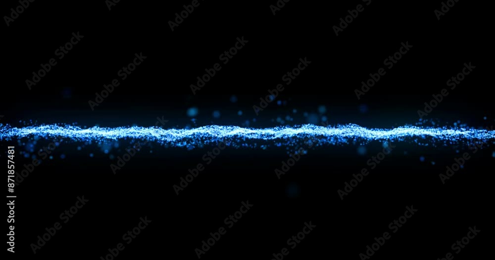 Fototapete Animation, cloud computing and information technology with blue particles on black background for communication. Digital, future and graphic with data stream or networking flow in dark cyberspace