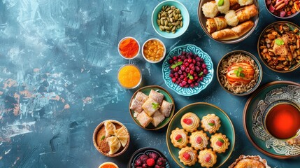 Fototapeta premium Variety of Eastern Desserts on Blue Background with Copy Space