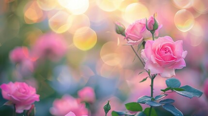 Obraz premium Soft focus on beautiful pink roses against a blurred garden backdrop