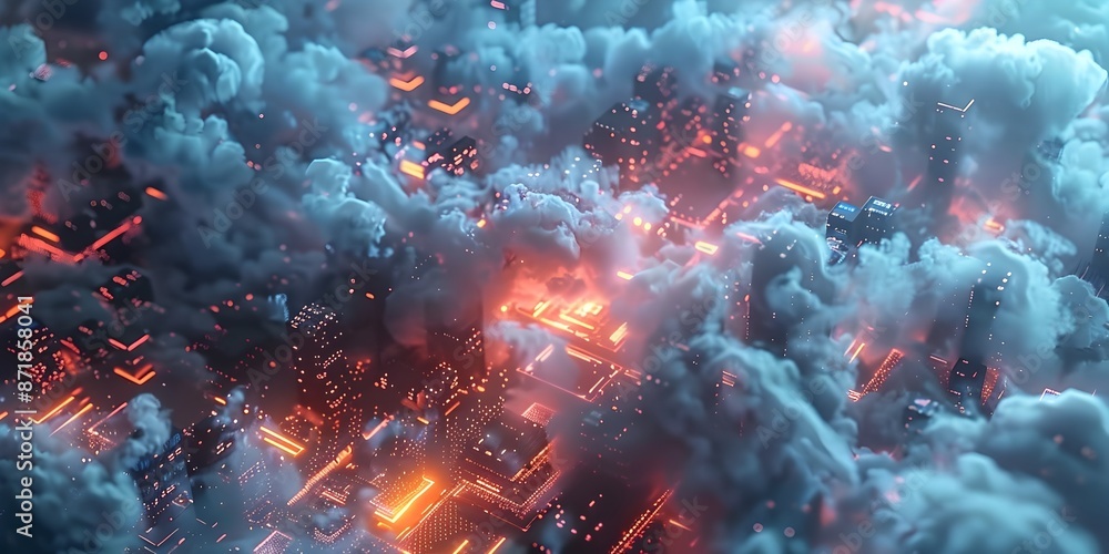 Poster dramatic cloud data processing explosion abstract digital art depicting high tech cloud computing co