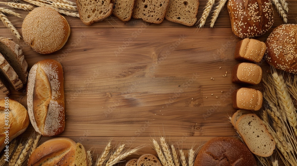 Aufkleber creative arrangement of various types of bread and wheat spikelets on wooden surface concept of nutr