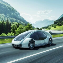 Futuristic Solar-Powered Car on Open Road - Concept of Renewable Energy in Transportation on White Background with Copy Space.