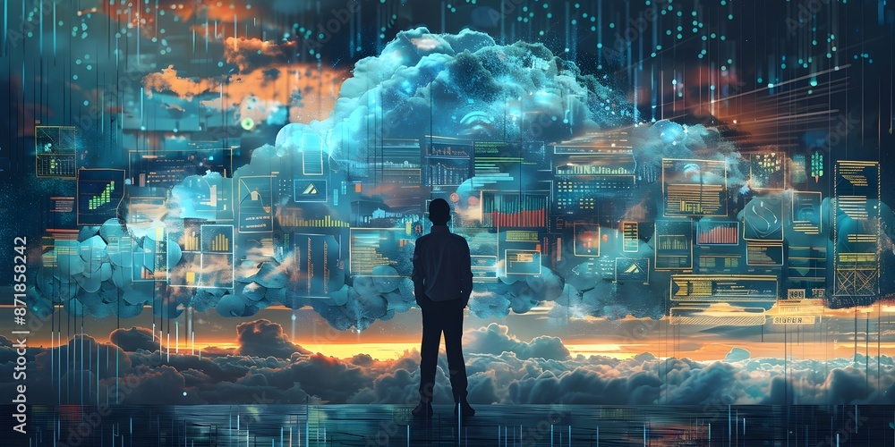 Poster data scientist analyzing cloud efficiency with detailed technical digital painting concept