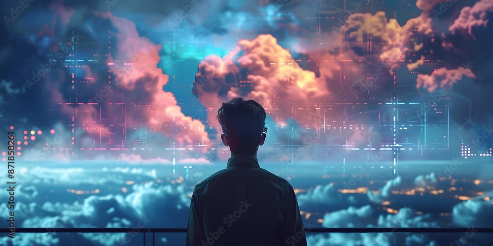 Poster data scientist analyzing cloud efficiency with advanced digital visualization and cloud computing co