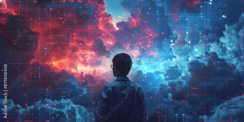 Poster data scientist analyzing cloud efficiency with detailed charts and visuals technical digital paintin