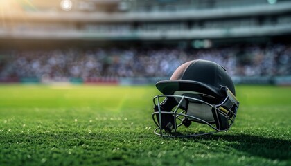 Cricket Helmet on the Grass of a Stadium