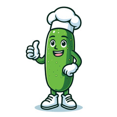 Cute cucumber cartoon mascot wearing chef costume