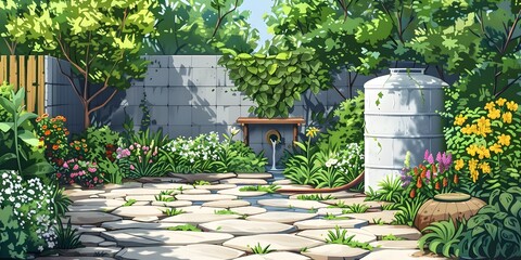 Rainwater Harvesting System in a Thriving Community Garden with Lush Greenery and Practical Sustainability Features