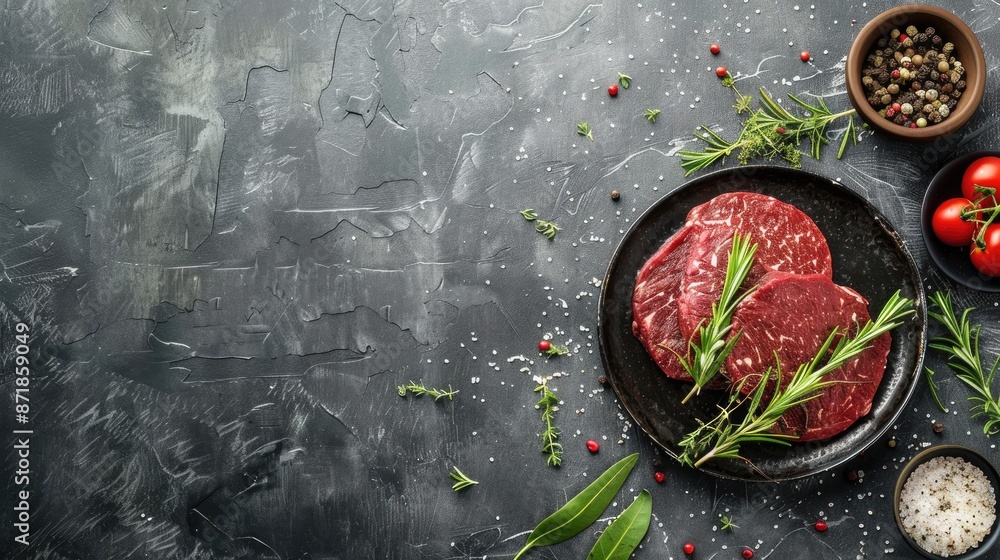 Poster fresh beef cutlet on table with space rustic background overhead view