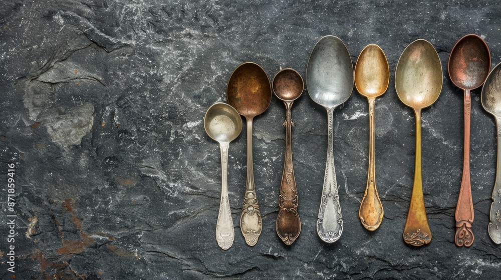 Aufkleber vintage spoons displayed on stone surface viewed from above with space for text