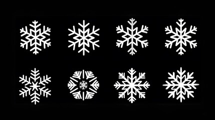 Icon set of winter snowflakes over black. 