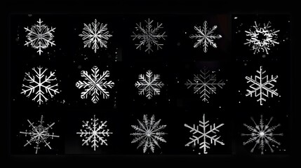 Icon set of winter snowflakes over black. 