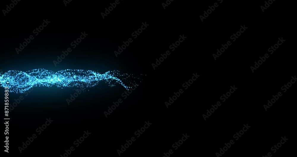 Poster Animation, data stream and internet with blue particles on black background for communication. Download, future and graphic with cloud computing or information technology flow in dark cyberspace