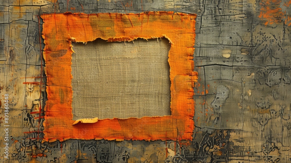 Poster texture of worn fabric with orange square frame and ripped threads