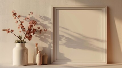 Empty frame mockup on shelf with flowers space for copy