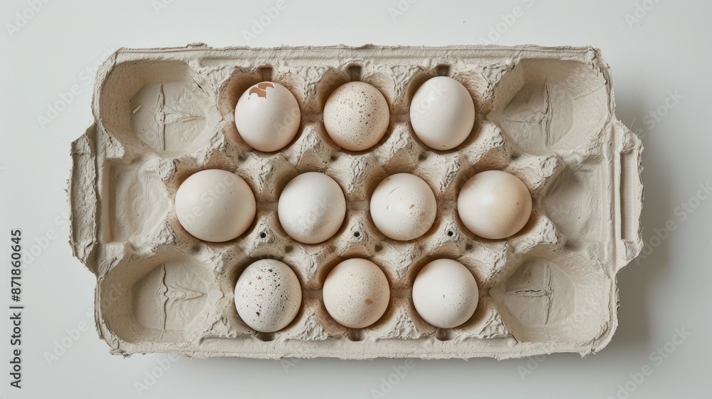 Poster empty egg carton with ten spaces viewed from above and surrounded by a white backdrop