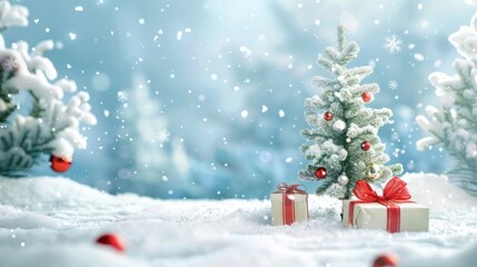 Festive Winter Background with Tree Decorations and Gifts