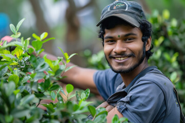 young indian farmer working at field