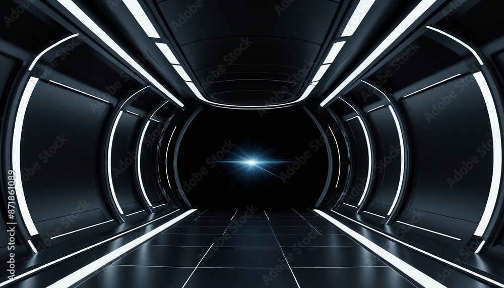 Poster technology abstract background: empty space scene with spaceship, dark night, and virtual reality