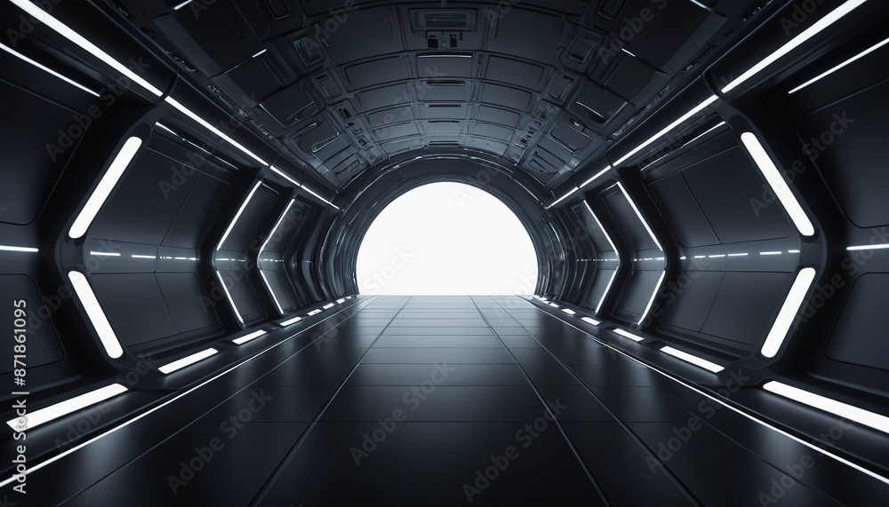 Poster hi-tech display background: futuristic sci-fi tunnel with spaceship in dark night