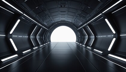 Naklejka premium Hi-Tech Display Background: Futuristic Sci-Fi Tunnel with Spaceship in Dark Night 