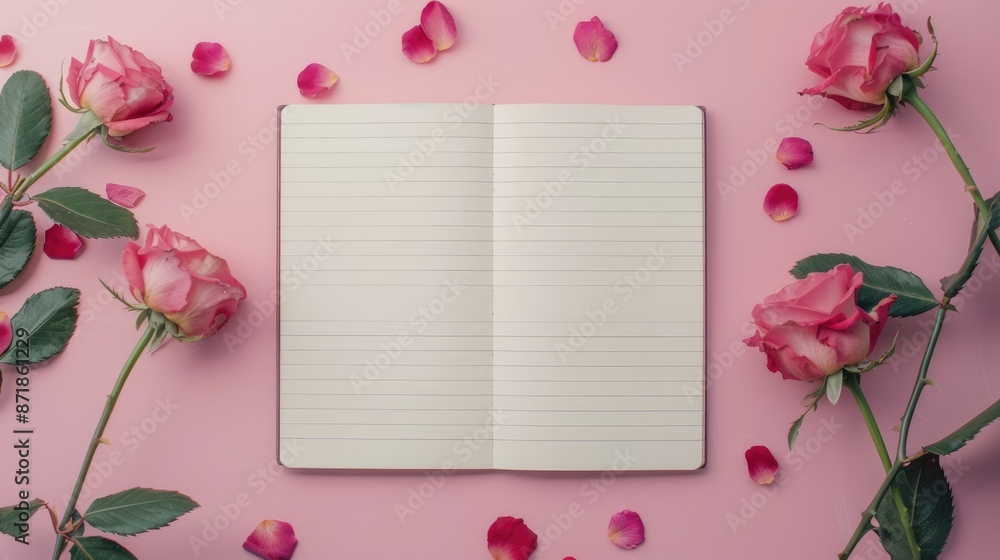 Poster blank page notebook with roses on pink background for text placement