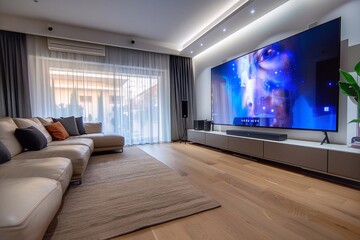 Modern living room with a large TV on the wall and a comfortable leather sofa. The living room is furnished in a modern style with an emphasis on comfort and technology.