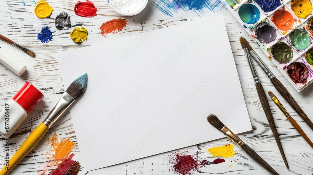 Poster artistic tools on white pad background with empty space flat lay art concept