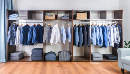 interior modern dressing room organized wardrobe featuring neatly hung clothes including shirts blazers dresses