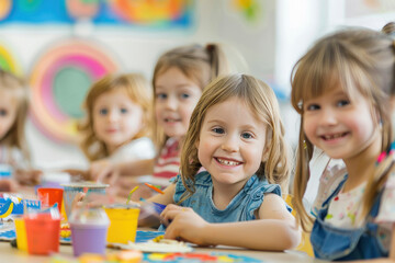 Fototapeta premium happy kids doing arts and crafts at school