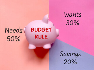 Ratio of 50% needs, 30% wants and 20% savings with piggy bank background. Budgeting rule concept....