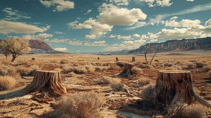 A barren desert with a few trees and a few large tree stumps