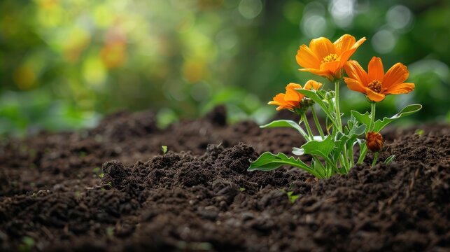 Flowers growing in clean soil with space on the ground