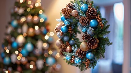 Festive wreath with blue and brown ornaments by Christmas tree