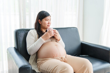 An Asian young pregnant wife relaxes on the sofa at home, filled with love and anticipation, as she embraces the journey of motherhood and prepares for her baby's arrival.