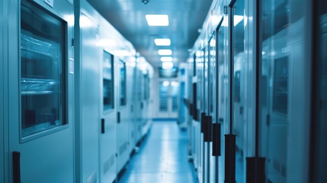 Abstract blur of 70 degrees freezer for specimen storage in hospital Rows of fridges storing blood for research at university - Powered by Adobe