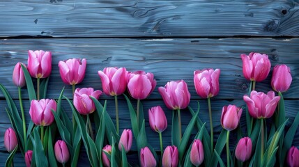 Pink tulips on wooden background with empty area for text on International Women s Day