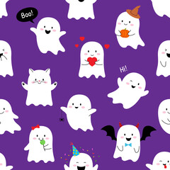 Halloween kawaii ghosts characters seamless pattern. Cartoon cute spirits and phantoms monsters vector background. Trick or treat holiday ghosts with cat face, bat wigs, devil horns and hearts pattern