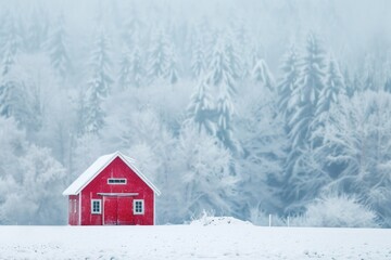 A red barn standing in a snowy field, with a soft background of snow-covered trees and landscape. 