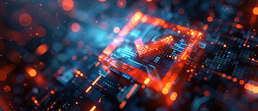 Futuristic approval checkmark hologram in a digital business world, business banner concept with space for copy text or product